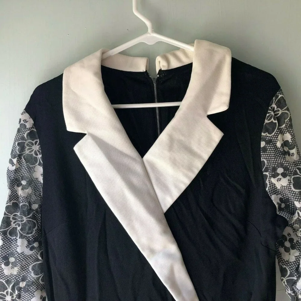 vintage maxi dress Black Floral White collar Mod sheer skirt romantic modest